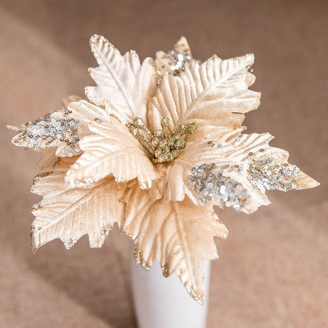 Gold Simulation Christmas Flower Christmas Tree Decorative Flower 20cm Sequin Velvet Ecoration