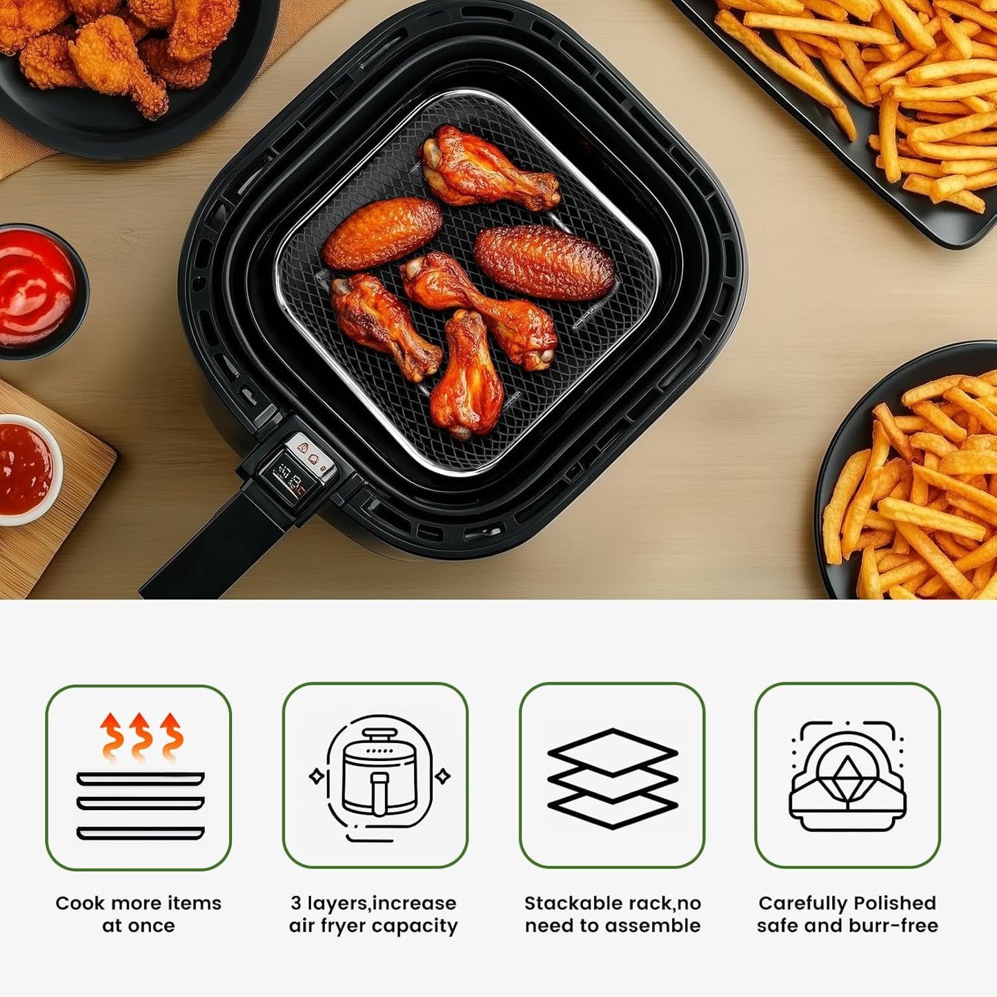 Air Fryer Rack Stackable Multi-Layer Stainless Steel Dehydrator Rack for Cosori, Instant Vortex, Ninja Foodi Grill