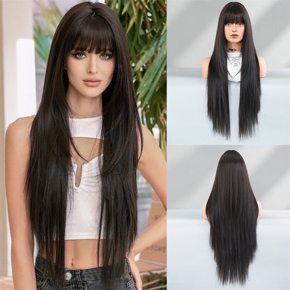 Peruca feminina dourada e branca, moderna com cabelo liso ultralongo, peruca preta completa, com franja e cobertura total da cabeça,