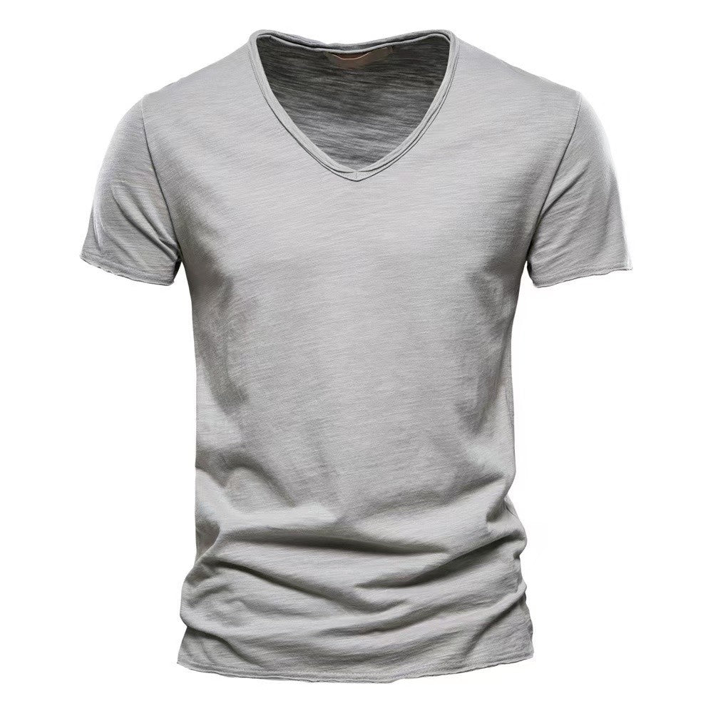 2024 hot summer men's new solid color V-neck pure cotton short sleeved T-shirt hot selling men's T-shirt top