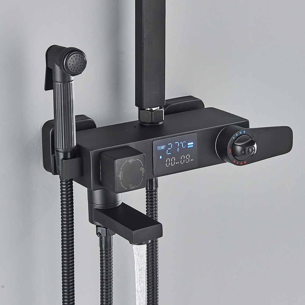 Black Digital Display Thermostatic Shower Faucet Bathroom Thermostatic 4 ways Rainfall Shower Mixer Tap,Shelf and Bidet Faucets