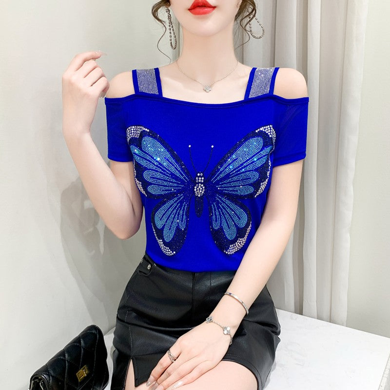 Summer New Fashion Cartoon T-shirt Chic Hollow Out Hot Diamonds Tees Sexy Off Shoulder Short Sleeve Women's Tops Blouse