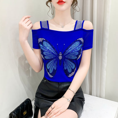 Summer New Fashion Cartoon T-shirt Chic Hollow Out Hot Diamonds Tees Sexy Off Shoulder Short Sleeve Women's Tops Blouse