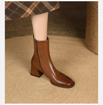 2025 Ankle Boots for Women Leather Square Toe Side Zipper Retro Style Chunky Heels Women Boots Fashion Short Boots Women  D263