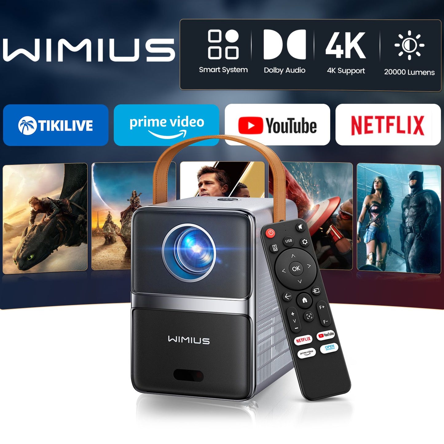 Mini Projetor Wimius 600 ANSI 4K Laser WiFi6 Projetores HD 1080P Beam 20W Dolby hy300max Projetor de Home Theater