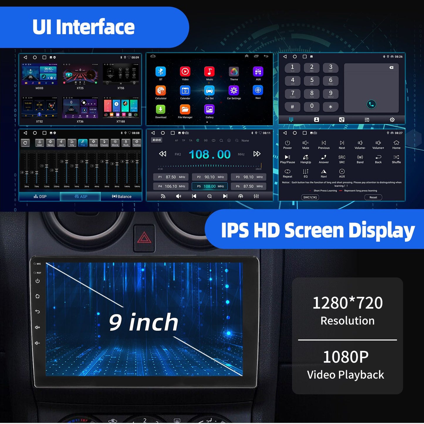 ESSGOO 4+64G Auto Rádio Multimídia Sem Fio CarPlay Android Auto Duplo 2 DIN 9" IPS Tela Sensível ao Toque GPS SAT NAVI FM DAB+ WIFI