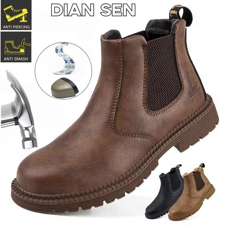 Sapatos de Segurança Impermeáveis Masculinos com Biqueira de Aço Botas de Couro Calçado Masculino Sapatos de Trabalho Indestrutíveis para Construção Marrom