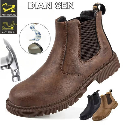 Sapatos de Segurança Impermeáveis Masculinos com Biqueira de Aço Botas de Couro Calçado Masculino Sapatos de Trabalho Indestrutíveis para Construção Marrom