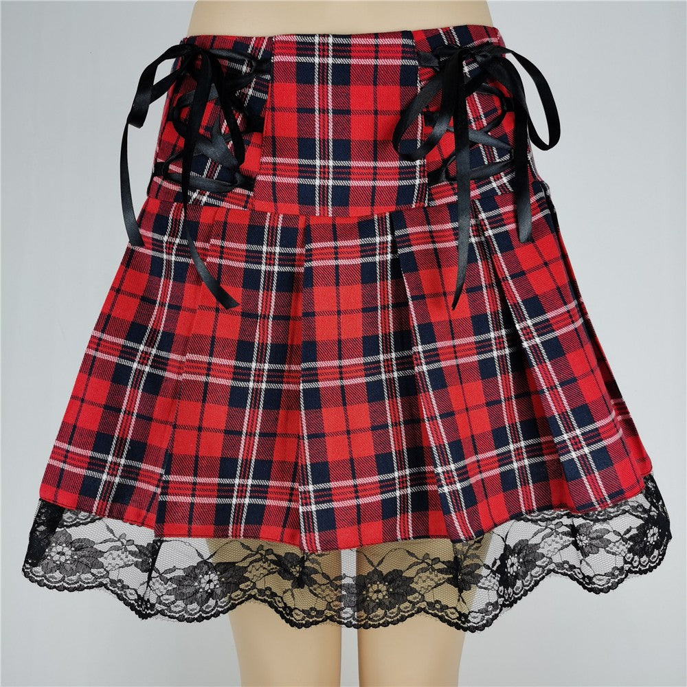 FICHOR Mall Goth Gothic Lace Ruffle Mini Skirts Womens Harajuku Fairy Grunge Pink Plaid Pleated Skirt Japanese Lolita Streetwear