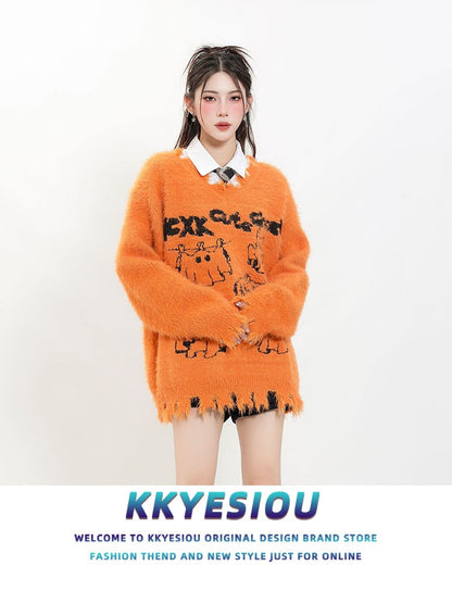 KKyesiou Dopane Orange Knitted Sweater loween Design Men Women Retro American Sle Couple's Long Sve Casual Loose Fit