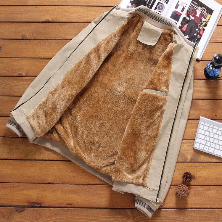 Autumn and Winter New Men's Fashion Aviator Jacket Fleece Thickened Warm Baseball Jacket Solid Color Zipper Large Size Top Coat