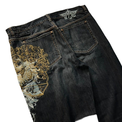 Streetwear Fashion New Pattern Embroidery Black Washed Baggy Jeans Female Y2K Gothic Hiphop Popular Casual Lovers Wide-leg Pants