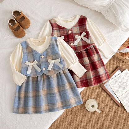 9 Months -3 Years Old Spring And Autumn New Plaid Baby Girl Dress, Sweet Bow Children'S Long Sleeved Clothes