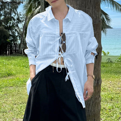 INCERUN Men Striped Shirt Lapel Long Sleeve Lace Up Hollow Out Men Clothing Oversize Korean Style Streetwear Casual Shirts Men