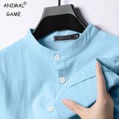 Summer Men's Stand Up Collar T Shirts Solid Color Short Sleeve Linen Shirt Trendy Breathable Loose Lightweight Basic Pocket Top