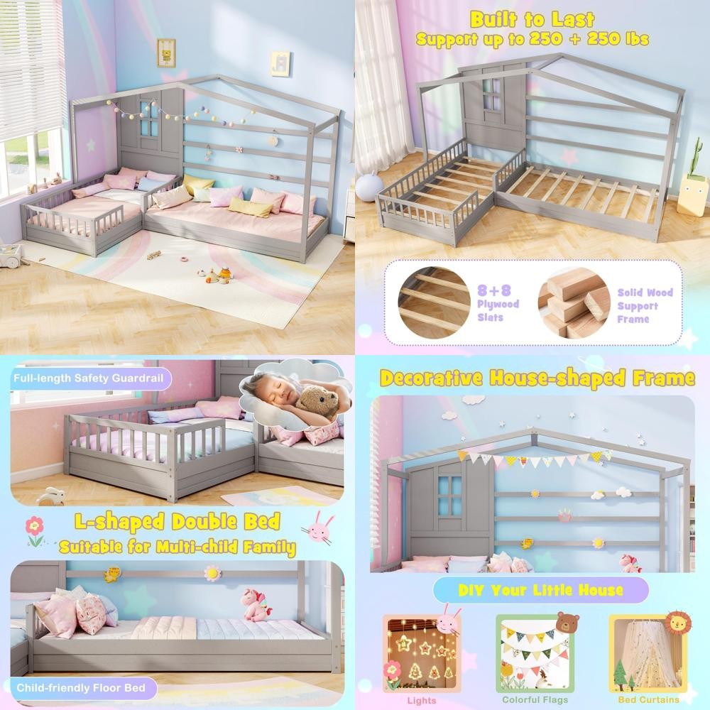 MAT EXPERT Cama de Madeira em Formato de Casa, L para 2 Crianças com Janela e Telhado, Cerca e Estrado, Cama Montessori de Chão Solteiro para Meninos, Meninas, Adolescentes