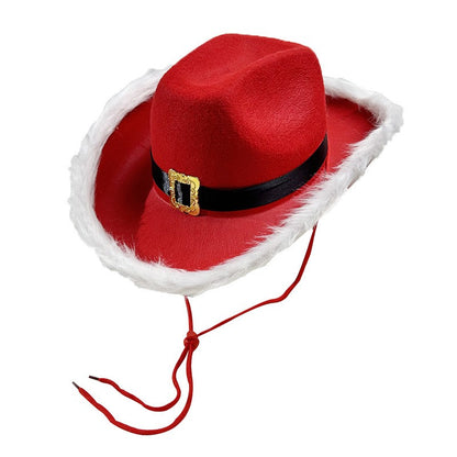 Red Christmas Cowboy Hat with Feather & Gold Buckle, Western Party Hat for Women Men, Floppy French Jazz Cap for Xmas