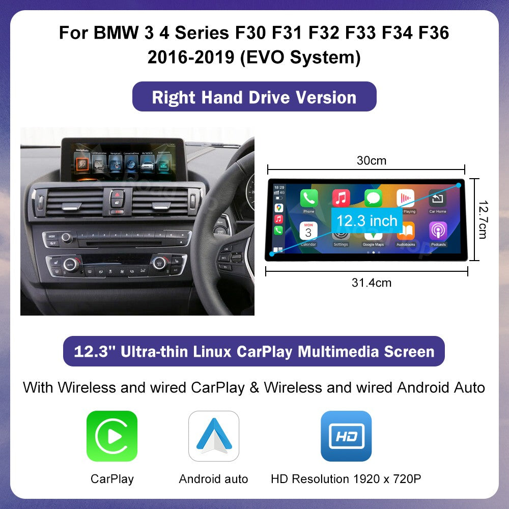 12.3inch Ultra Thin Screen For BMW 1/2/3/4 Series F20 F21 F22 F23 F30 F31 F33 F36 CIC/NBT/EVO Wireless CarPlay Multimedia Radio