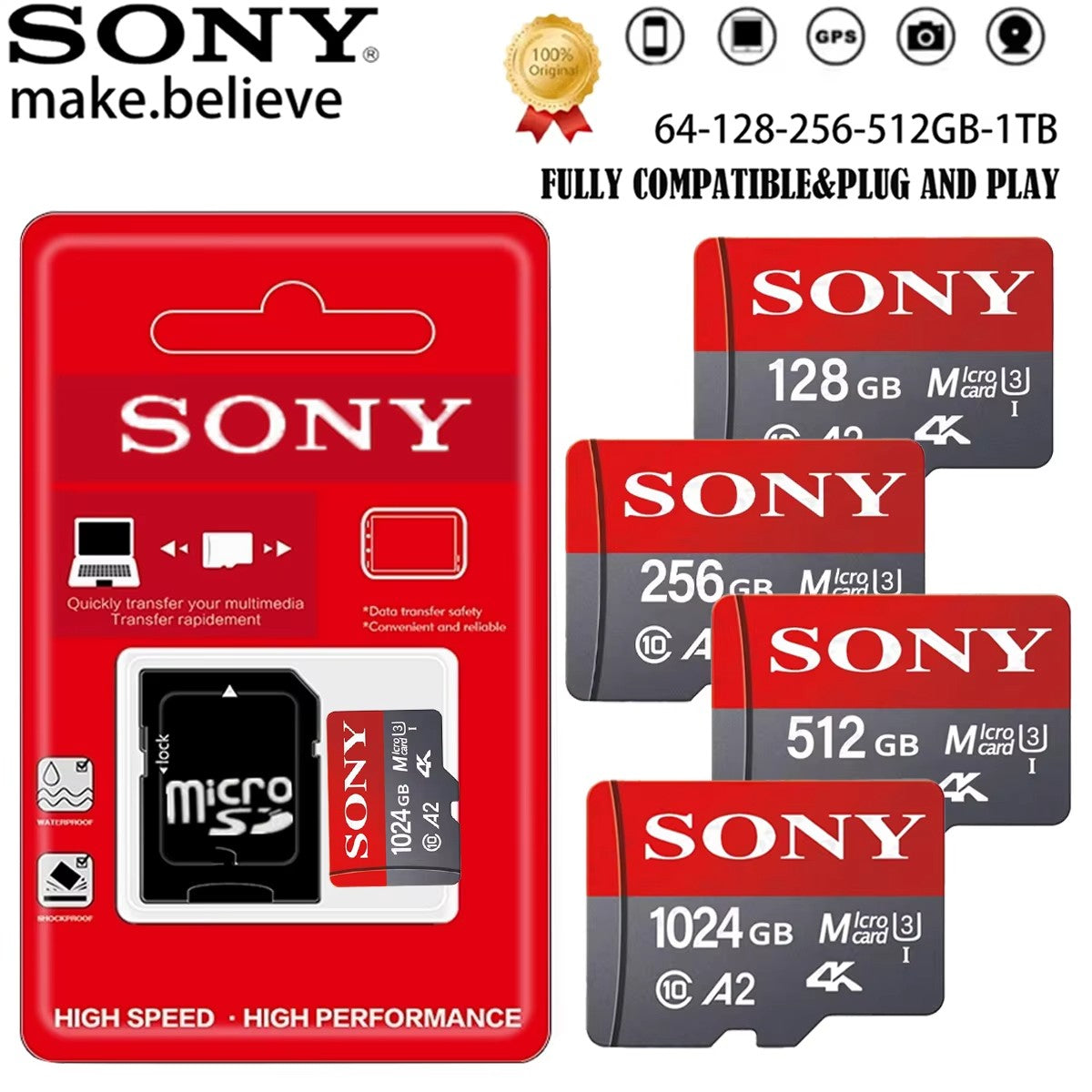 Sony SD memory cards, 128GB, 256GB high-speed Micro TF SD, 1024GB, 512GB A2 U3 V30 flash memory cards, suitable for mobile phone