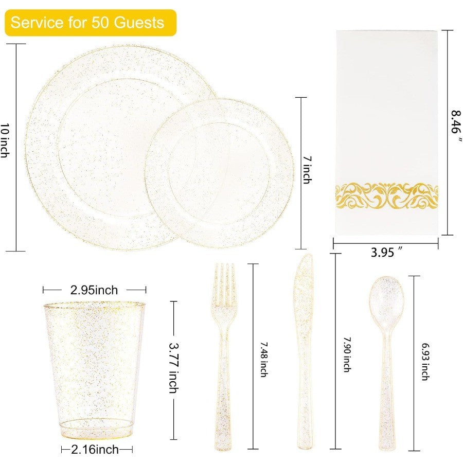 700 Pcs Gold Glitter Plastic Dinnerware Sets Disposable Plates for Party Include: 100 Dinner Plate 100 Dessert Plate 100 Paper
