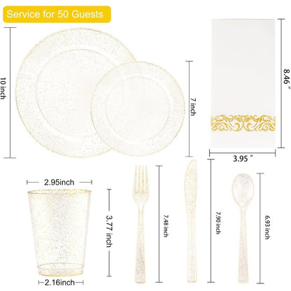 700 Pcs Gold Glitter Plastic Dinnerware Sets Disposable Plates for Party Include: 100 Dinner Plate 100 Dessert Plate 100 Paper