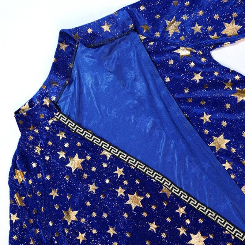 Halloween Wizard Costume Velvet Long Robe Blue Gold Star Print Cloak With Pointed Hat Adult Cosplay Fancy Party Dress Up Outfit