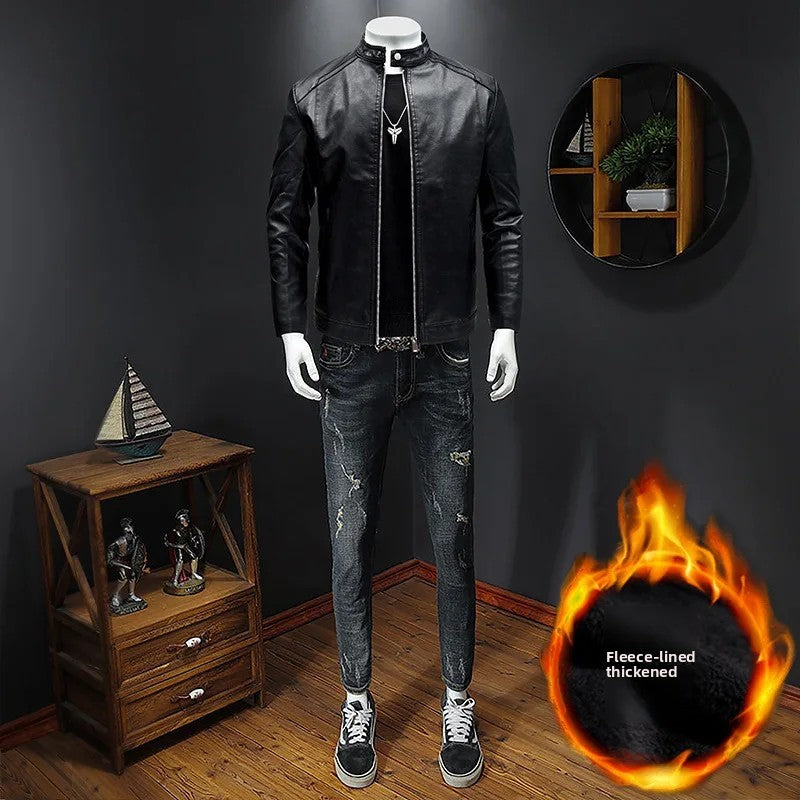 Men's Biker Leather Jacket Autumn Winter Thickened Fleece Casual Versatile Slim Fit Large Size PU Leather Coat