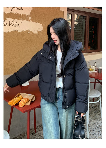 Korean Winter Women Black Beige Hood Zipper Down Jacket Ladies Blue Single Breasted Short Warm Thick Bread Coat Streetwear Trend