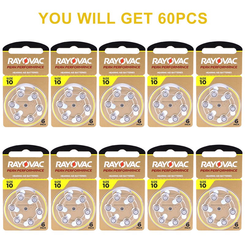 60Pcs Hearing Aid Batteries 10 A10 ZA10 10A P10 PR70 Rayovac Peak High Performance Zinc Air Battery For Mini Digital Hearing Aid