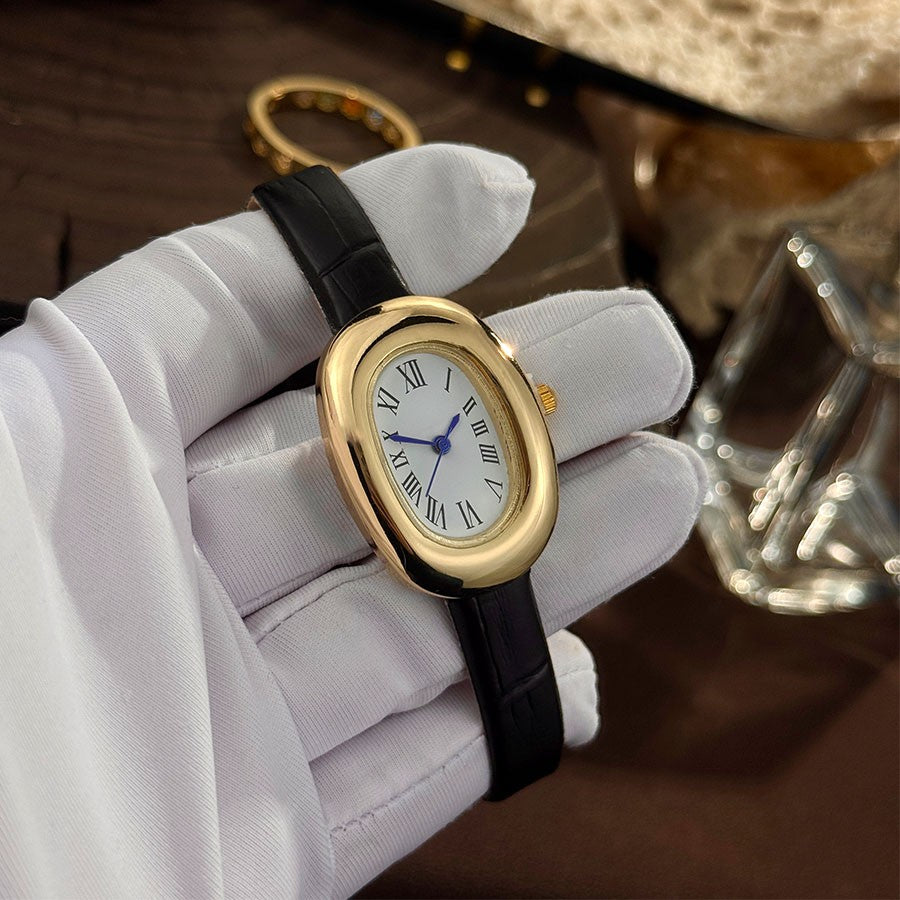 Ladies' New Oval Bathtub Egg-Shaped Belt Quartz Watch Elegant Miniature Vintage-Style Wristwatch Stylish Trendsetter