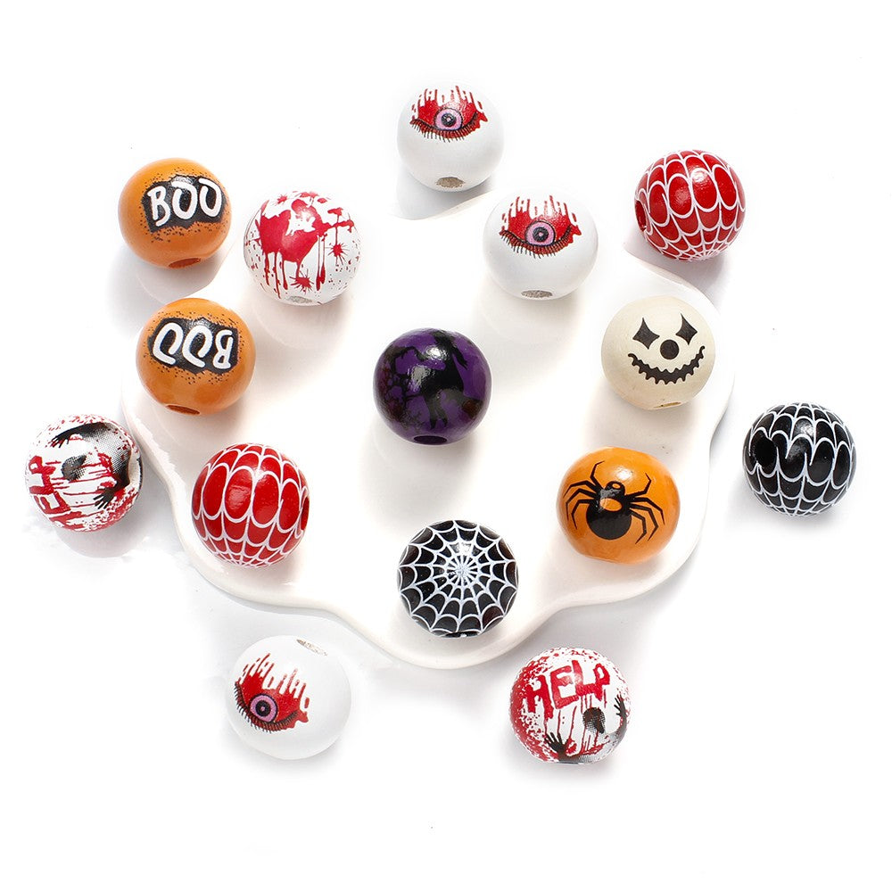 10pcs 16mm Wooden Spacer Beads Halloween Print Spider Eye Witch Bloodstain Ghost Face Mask Beads For Making Bracelet Necklace