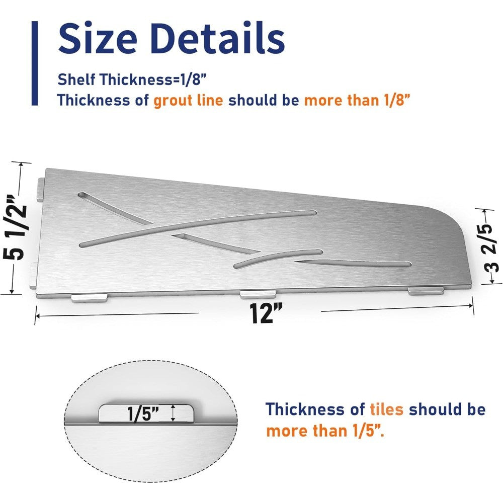 12-Inch Brushed Stainless Steel Corner Shower Shelf - Recessed Bathroom Storage for Shampoo and Organizing Accessories