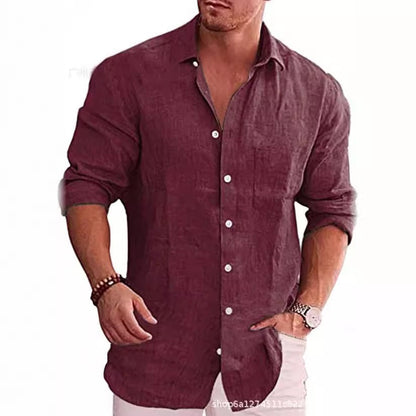 Men's Loose Large Size Solid Color Shirt Linen Collar Long Sleeve Casual Shirt