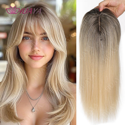 Apliques de Cabelo de 14 Polegadas para Mulheres com Cabelos Ralos, Sintéticos Resistentes ao Calor, Toppers de Peruca Femininos - Ombre Raiz Escura para Loiro