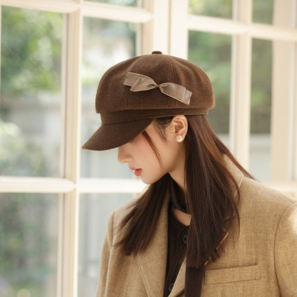 Retro Wool Bow Beret Solid Color Warm Painter Hat Versatile Y2k Newsboy Hat Female
