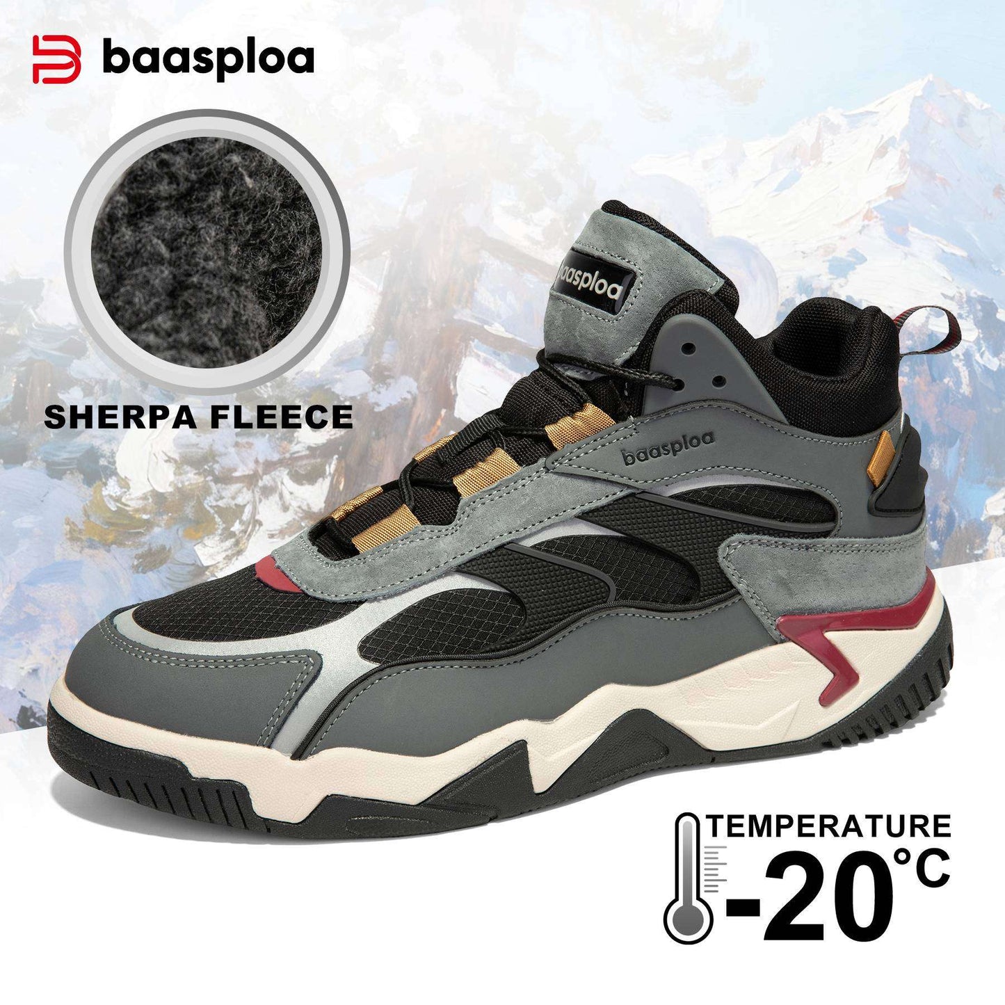 Baasploa Winter Men Leather Sneakers Casual Fashion Waterproof Sport Shoes For Man Plush Warm Male Sneakers Non-Slip Outdoor