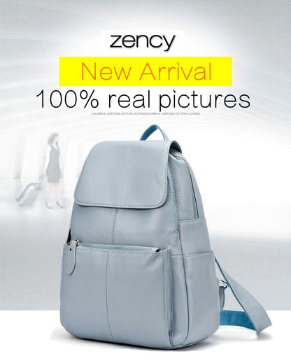 Zency Mochila Feminina Elegante Preta Branca Couro Genuíno Qualidade A++ Antifurto Grande Capacidade Mochila de Viagem Designer