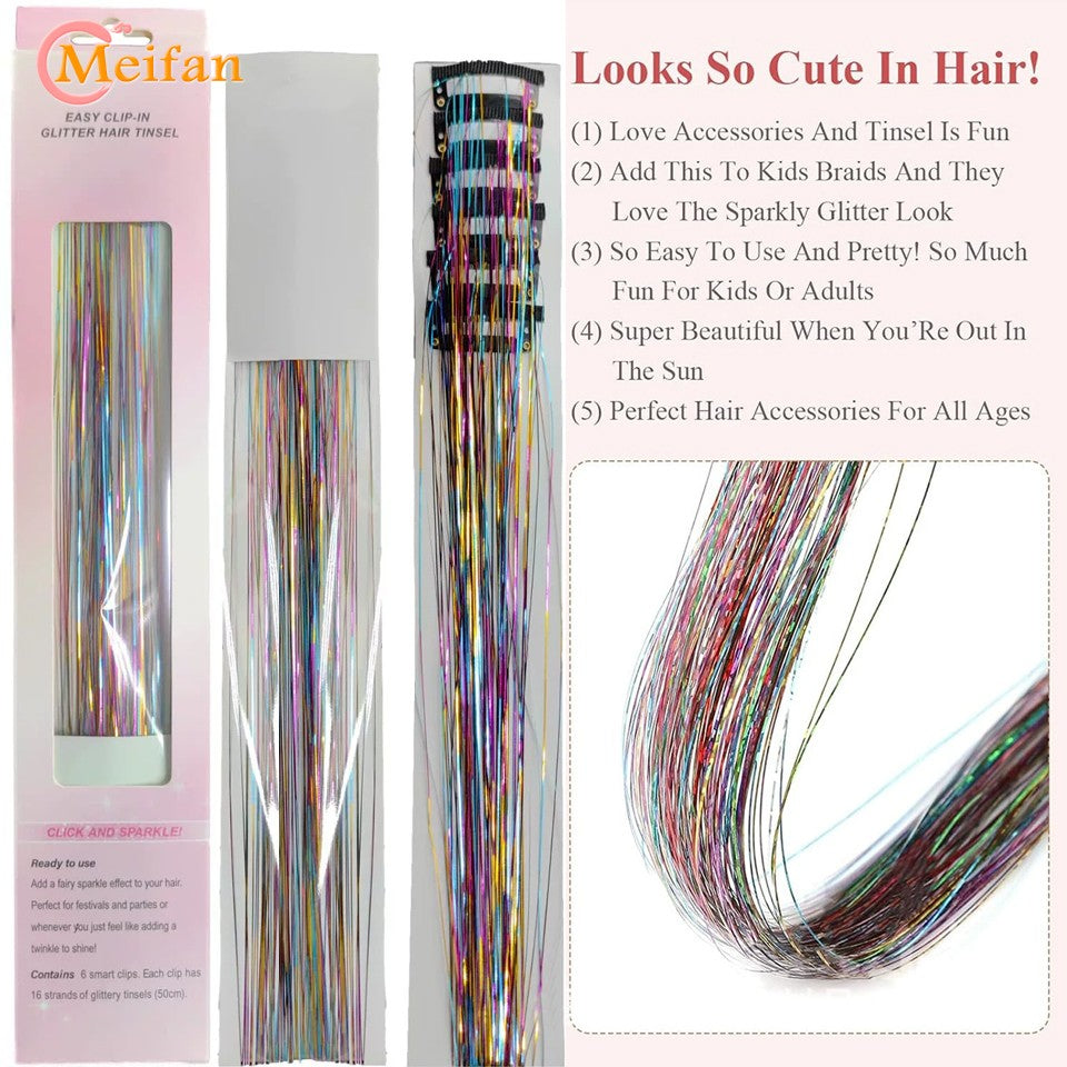 12 peças/conjunto de enfeites de cabelo com presilha, extensões de cabelo sintéticas brilhantes cintilantes, acessórios de cabelo para festa com efeito fada