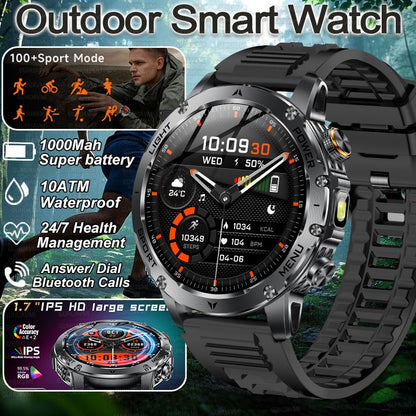 Smartwatch Militar Novo 2025 Bateria 1000mAh Monitoramento Fitness 10ATM À Prova D'Água Táticas Esportivas Lanterna Pulseira para Chamadas Masculino