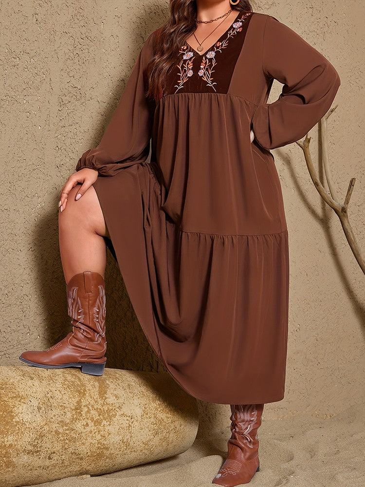 New Plus Size Women's Retro Floral Print V-Neck Maxi Dress Lantern Sleeves Ruffle Hem Loose Dress Elegant Holiday Party Dress