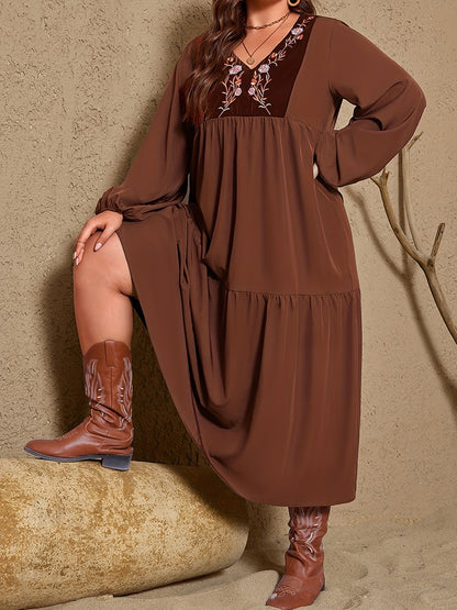 New Plus Size Women's Retro Floral Print V-Neck Maxi Dress Lantern Sleeves Ruffle Hem Loose Dress Elegant Holiday Party Dress