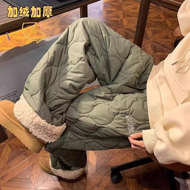 Heavy Winter Cotton Waterproof Splicing Lamb Fleece Cotton Pants for Men and Women, Solid Color Diamond Grid Embroidered Clip Co