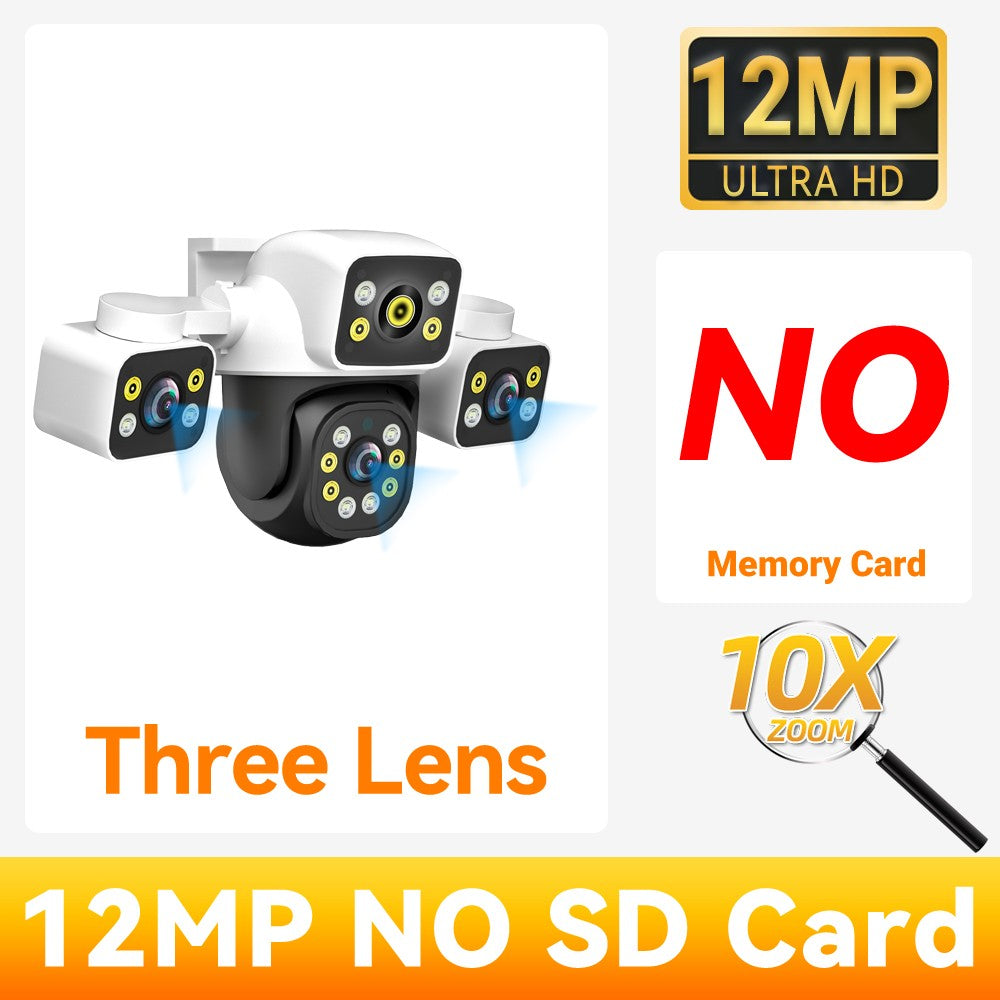 PEGATAH 6K 12MP Outdoor WiFi Camera Three Screen Three Lens 10X Zoom PTZ Automatic Tracking Audible Visual Alarm Security Cam