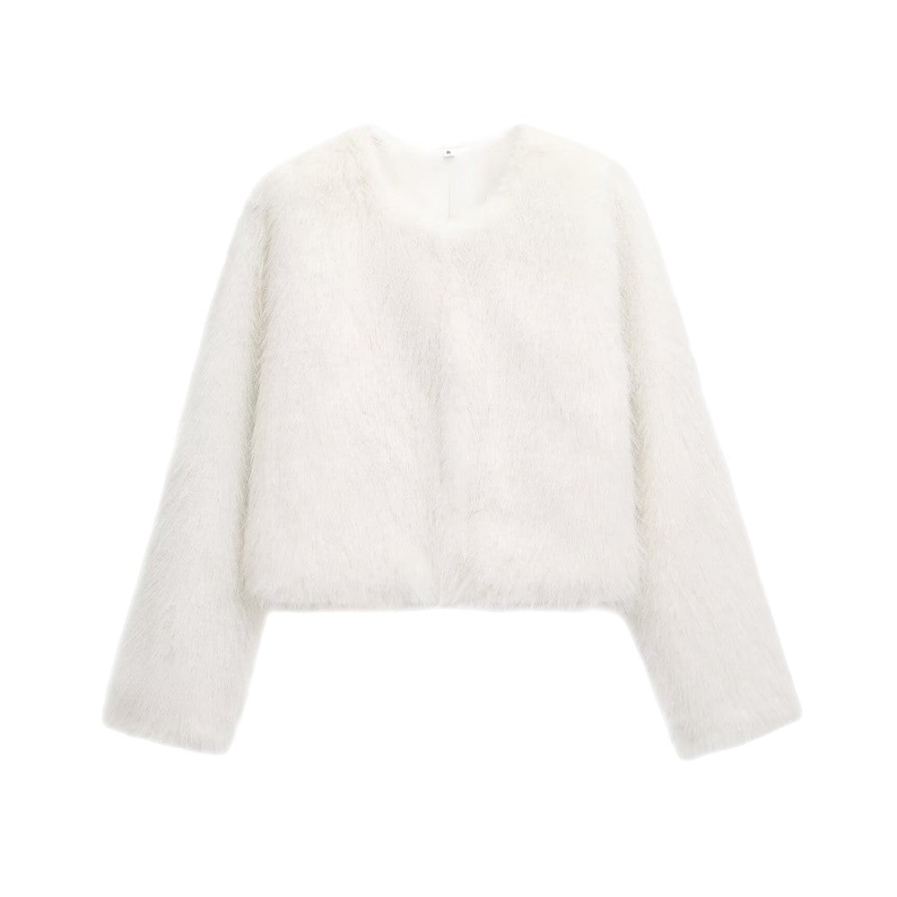 Women's Thick Warm Faux Fur Cropped Jacket, O Neck, Long Sleeve, Female Outerwear, Chic Tops, Fashion