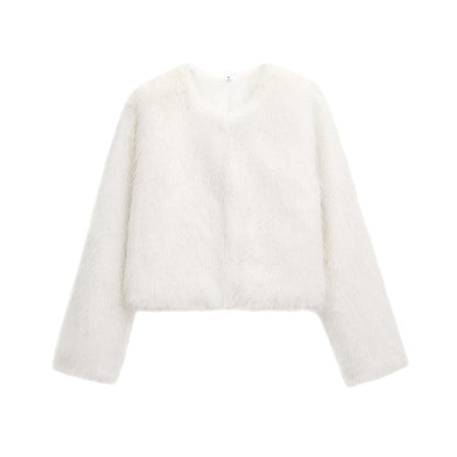 Women's Thick Warm Faux Fur Cropped Jacket, O Neck, Long Sleeve, Female Outerwear, Chic Tops, Fashion