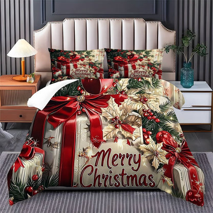Conjunto de Cama de Natal Laço Vermelho Flores Estampadas Capa de Edredom Aconchegante Tamanho King Queen Solteiro Presente de Ano Novo Natal Decoração de Quarto