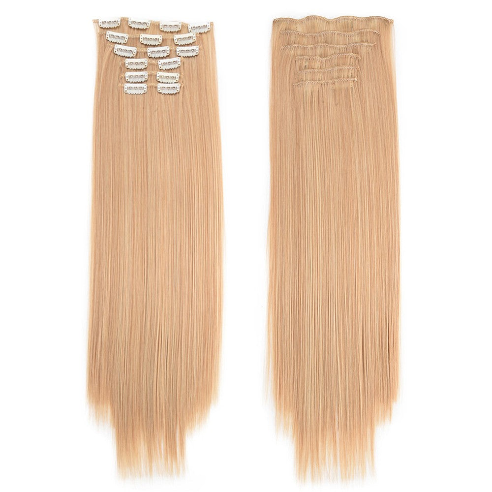 16 Presilhas em Apliques de Cabelo 60cm de Comprimento Liso Penteado Sintético Loiro Preto Perucas Resistente ao Calor Cabelo Falso 6Pçs/Conjunto