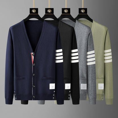 Luxury brand men's knitted sweater for autumn and winter high-end striped design Korean version boutique cardigan casual jacket