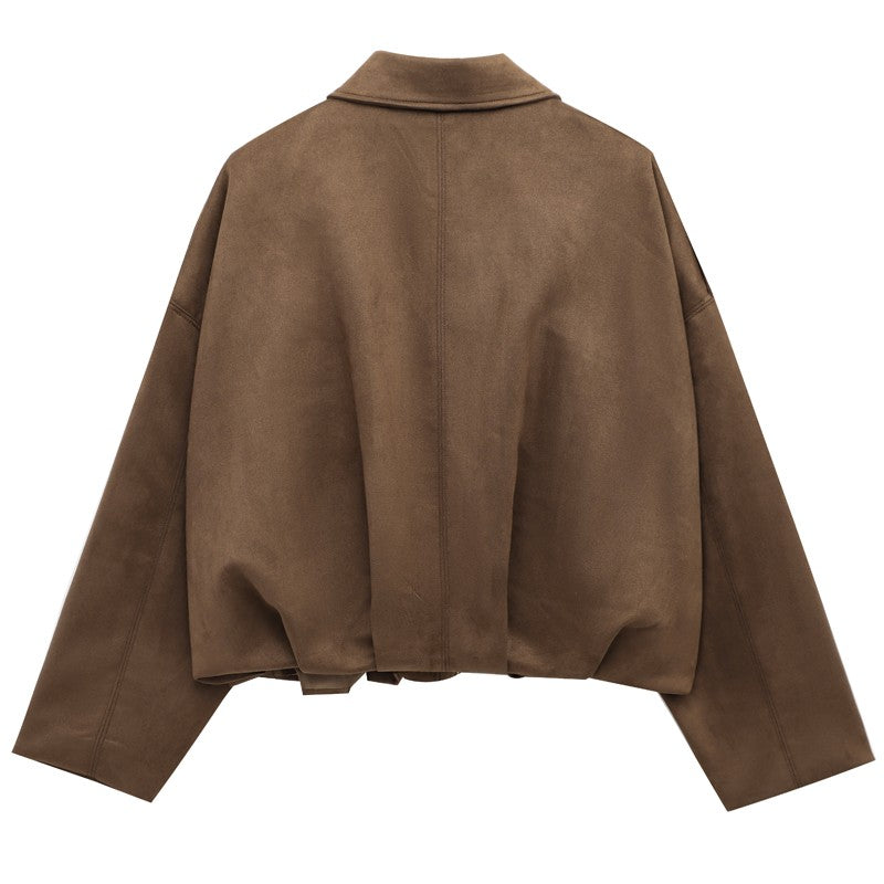 HXAO Women's Bomber Jacket Lapel Long Sleeve Zipper Suede Jacket Women 2025 High Street Cropped Racing Jackets Coats Outerwears