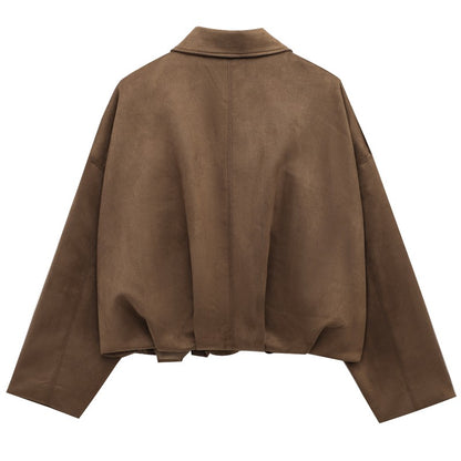 HXAO Women's Bomber Jacket Lapel Long Sleeve Zipper Suede Jacket Women 2025 High Street Cropped Racing Jackets Coats Outerwears